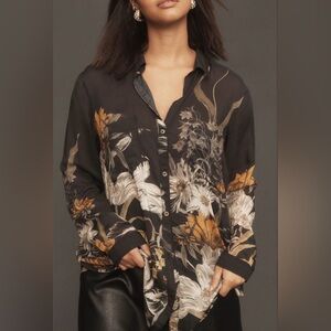 Pilcro Anthropologie Romy Relaxed Button Down Shirt Black with Floral Print Sz S